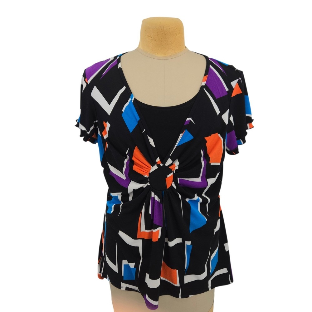 Notations XL Geometric Short Sleeve O-Ring Front Top Black Colorful Stretch Chic